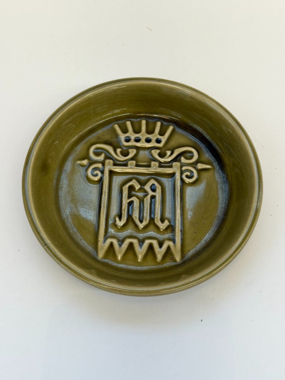 Vintage Olive Green Ceramic Trinket Dish – Heraldic Design